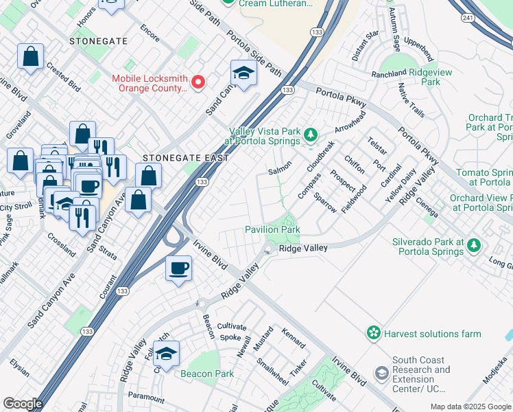 map of restaurants, bars, coffee shops, grocery stores, and more near 150 Pavilion Park in Irvine