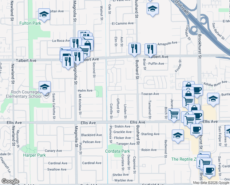 map of restaurants, bars, coffee shops, grocery stores, and more near 9331 Toucan Avenue in Fountain Valley