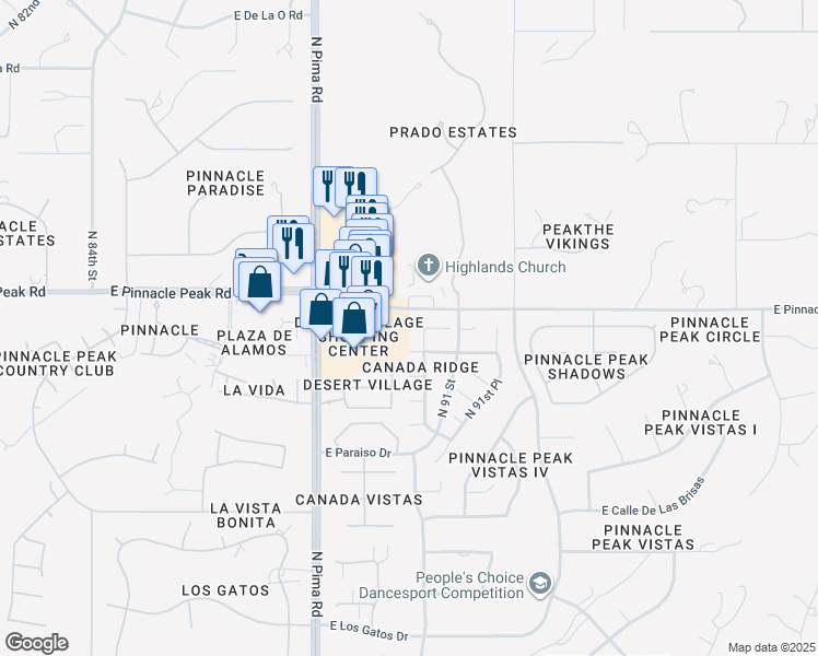 map of restaurants, bars, coffee shops, grocery stores, and more near 7356 East Casitas Del Rio Drive in Scottsdale