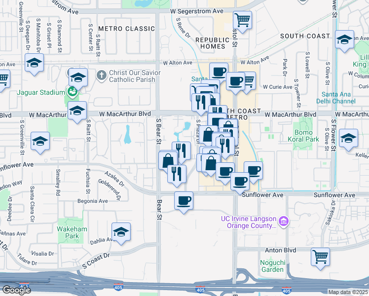 map of restaurants, bars, coffee shops, grocery stores, and more near in Santa Ana