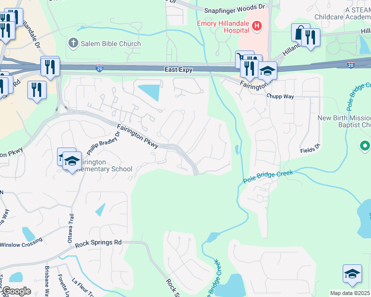 map of restaurants, bars, coffee shops, grocery stores, and more near 1203 Fairington Ridge Circle in Stonecrest