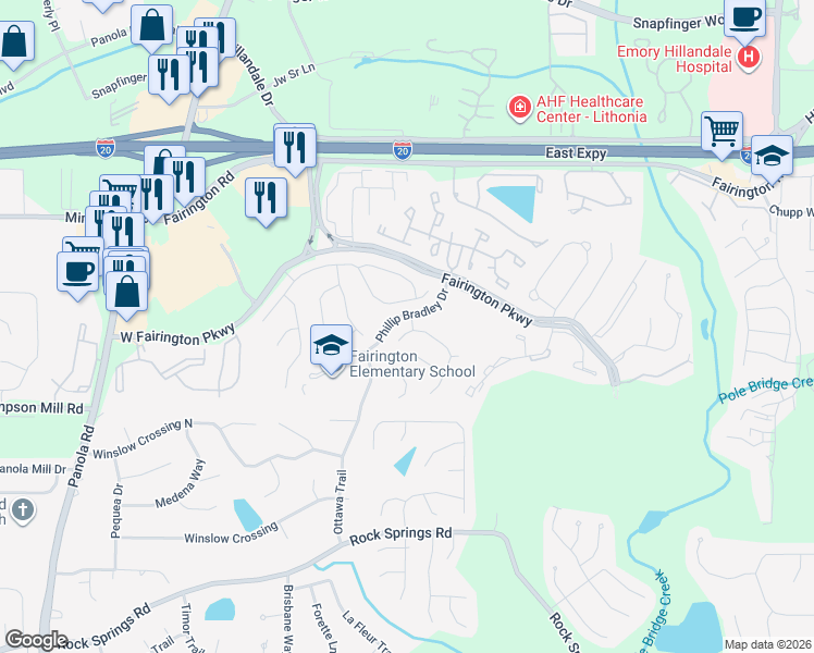 map of restaurants, bars, coffee shops, grocery stores, and more near Phillips Lake Way in Redan