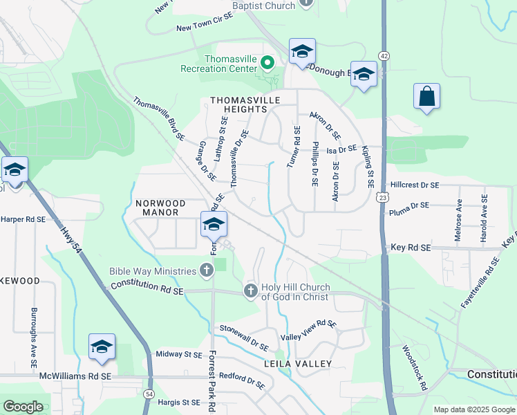 map of restaurants, bars, coffee shops, grocery stores, and more near 2019 Thomasville Drive Southeast in Atlanta