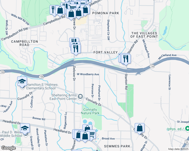 map of restaurants, bars, coffee shops, grocery stores, and more near 2106 Penrose Drive in East Point