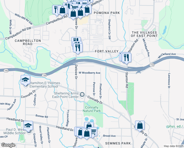 map of restaurants, bars, coffee shops, grocery stores, and more near 2107 Penrose Drive in East Point