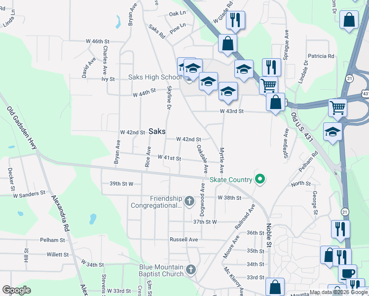 map of restaurants, bars, coffee shops, grocery stores, and more near 4119 Ridge Drive in Anniston