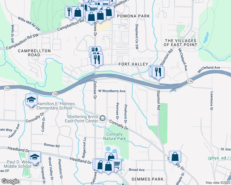 map of restaurants, bars, coffee shops, grocery stores, and more near 2107 Penrose Drive in East Point