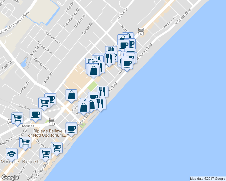 map of restaurants, bars, coffee shops, grocery stores, and more near 1700 North Ocean Boulevard in Myrtle Beach