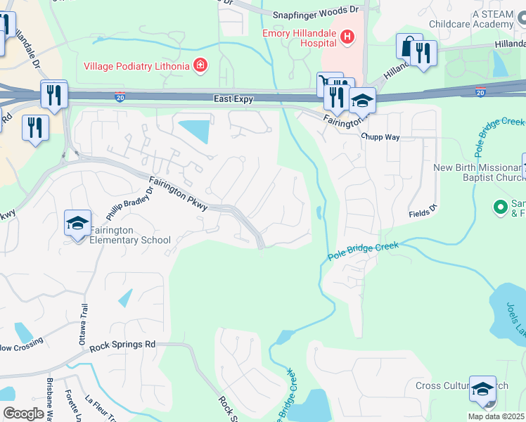 map of restaurants, bars, coffee shops, grocery stores, and more near 10104 Fairington Ridge Circle in Stonecrest