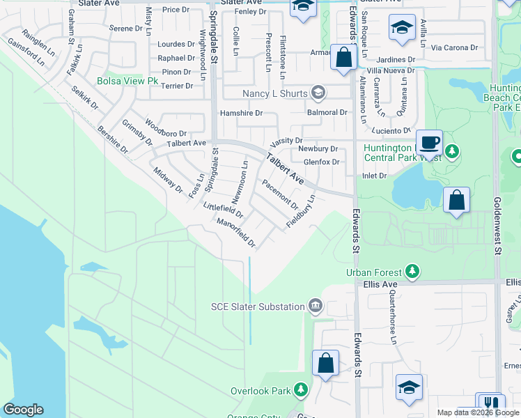 map of restaurants, bars, coffee shops, grocery stores, and more near 6161 Norbrook Drive in Huntington Beach