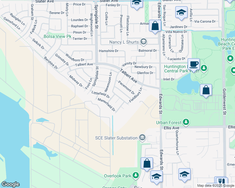 map of restaurants, bars, coffee shops, grocery stores, and more near 6161 Norbrook Drive in Huntington Beach