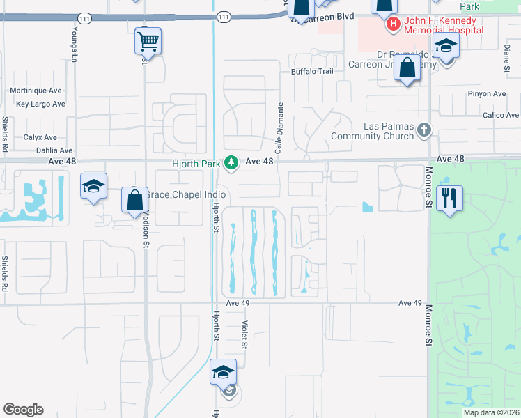 map of restaurants, bars, coffee shops, grocery stores, and more near 48170 Hjorth Street in Indio