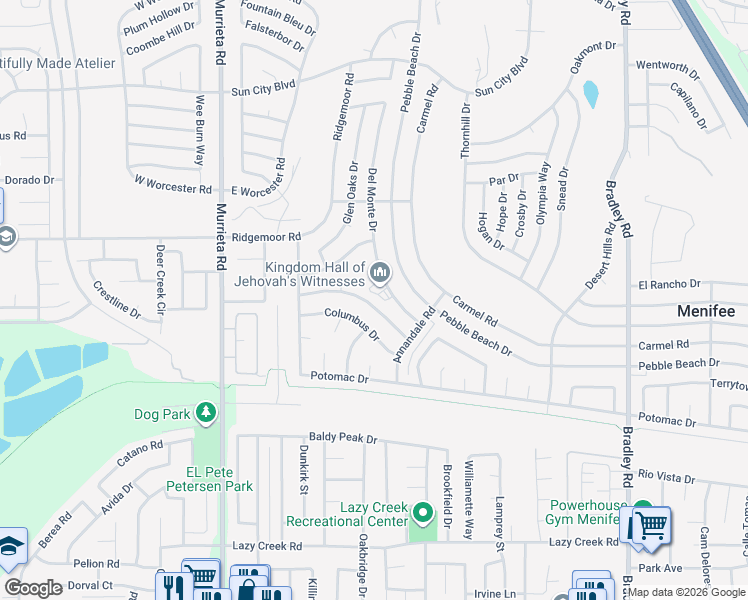 map of restaurants, bars, coffee shops, grocery stores, and more near 29100 Prestwick Road in Menifee