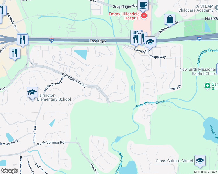 map of restaurants, bars, coffee shops, grocery stores, and more near 10304 Fairington Ridge Circle in Lithonia