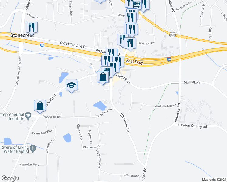 map of restaurants, bars, coffee shops, grocery stores, and more near 2951 Heritage Villa Drive in Lithonia