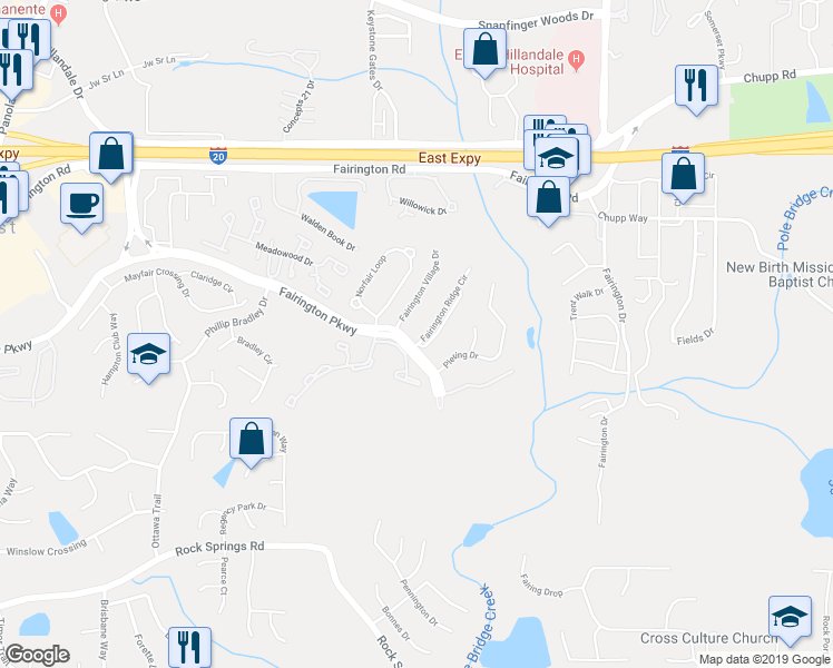 map of restaurants, bars, coffee shops, grocery stores, and more near 1201 Fairington Ridge Circle in Stonecrest