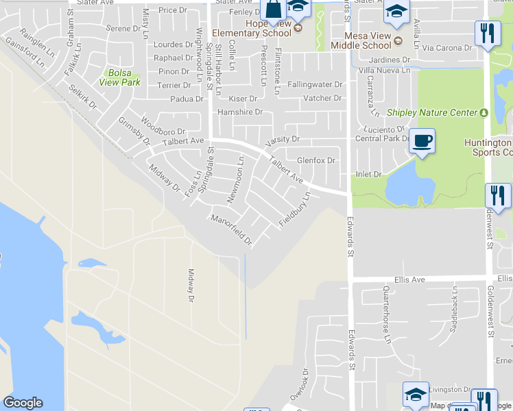 map of restaurants, bars, coffee shops, grocery stores, and more near 6161 Norbrook Drive in Huntington Beach