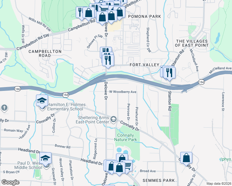map of restaurants, bars, coffee shops, grocery stores, and more near 2107 Mulberry Street in East Point