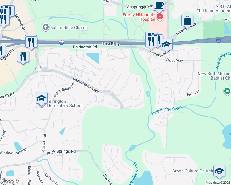 map of restaurants, bars, coffee shops, grocery stores, and more near 1203 Fairington Ridge Circle in Stonecrest