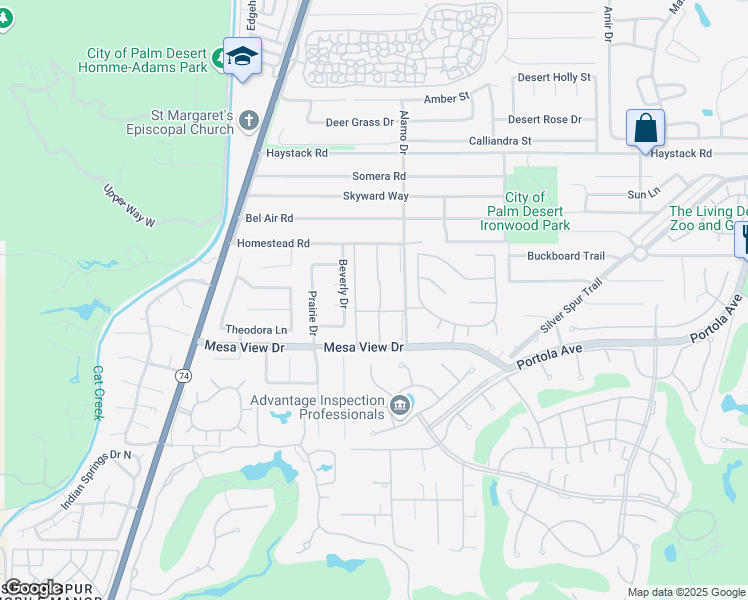 map of restaurants, bars, coffee shops, grocery stores, and more near 48265 Racquet Lane in Palm Desert