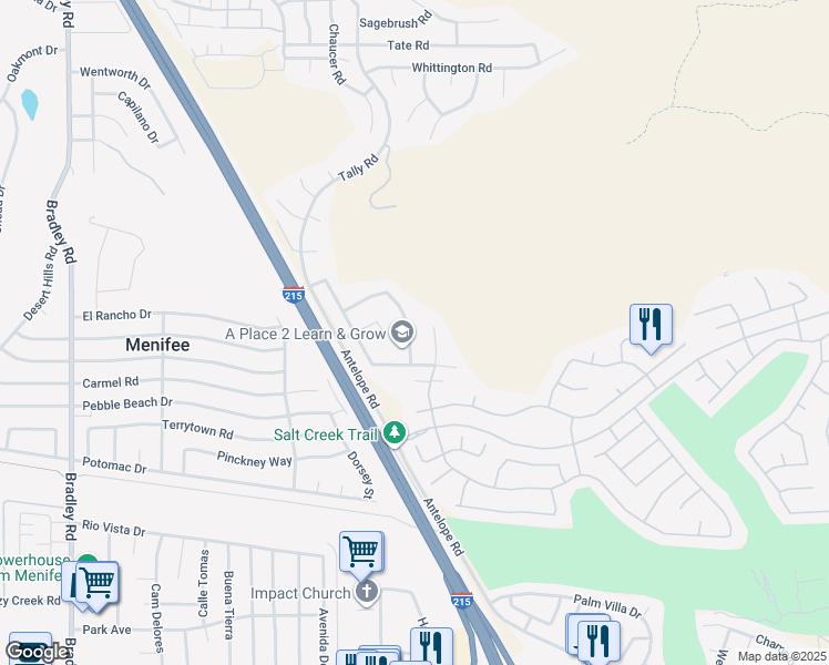 map of restaurants, bars, coffee shops, grocery stores, and more near 29160 Stone Ridge Street in Menifee