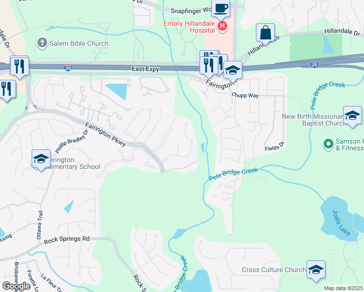map of restaurants, bars, coffee shops, grocery stores, and more near 2635 Parrish Court in Stonecrest