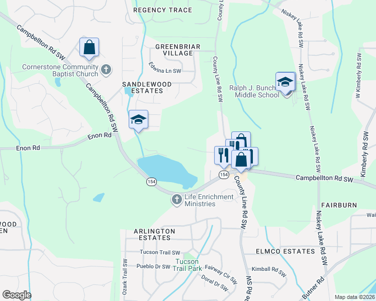 map of restaurants, bars, coffee shops, grocery stores, and more near 4610 Wilson James Road Southwest in Atlanta