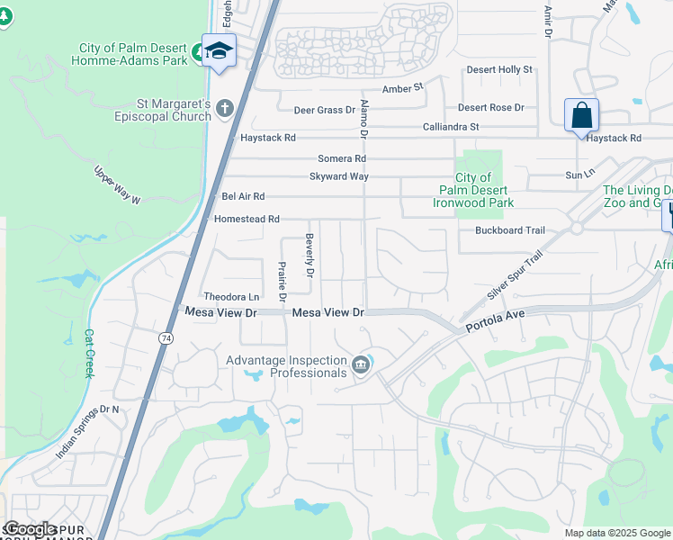 map of restaurants, bars, coffee shops, grocery stores, and more near 48265 Racquet Lane in Palm Desert