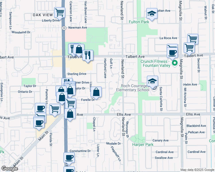 map of restaurants, bars, coffee shops, grocery stores, and more near 18242 Hartlund Lane in Huntington Beach