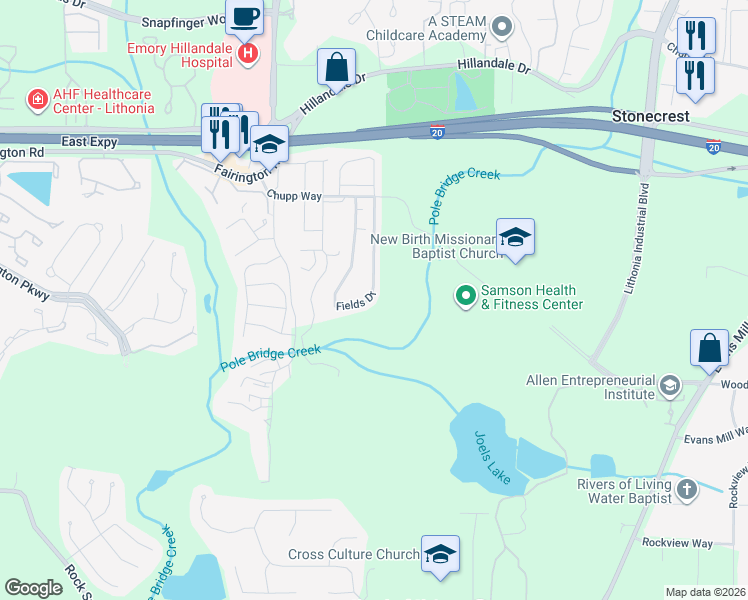 map of restaurants, bars, coffee shops, grocery stores, and more near 3031 Fields Drive in Stonecrest
