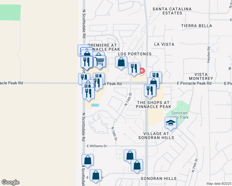 map of restaurants, bars, coffee shops, grocery stores, and more near 7329 Casitas Del Rio Drive in Scottsdale