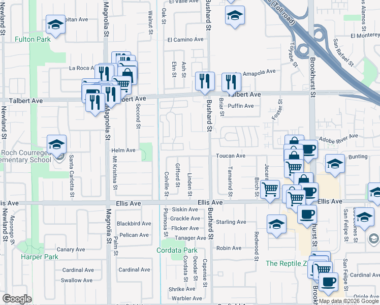 map of restaurants, bars, coffee shops, grocery stores, and more near 9401 Toucan Avenue in Fountain Valley