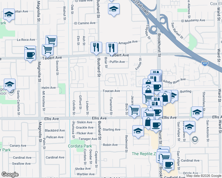 map of restaurants, bars, coffee shops, grocery stores, and more near 9585 Toucan Avenue in Fountain Valley