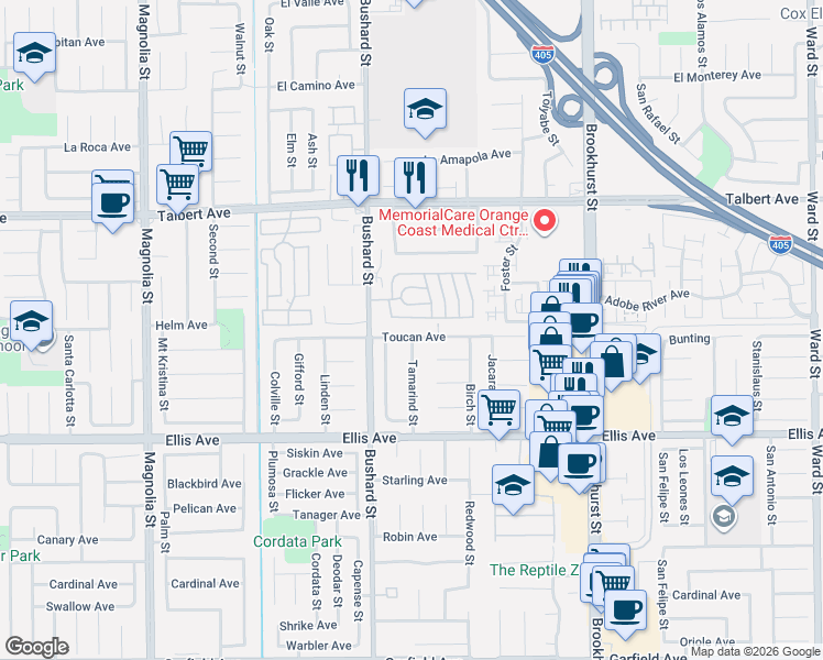 map of restaurants, bars, coffee shops, grocery stores, and more near 9595 Toucan Avenue in Fountain Valley