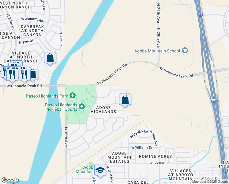 map of restaurants, bars, coffee shops, grocery stores, and more near 3141 West Casitas Del Rio Drive in Phoenix