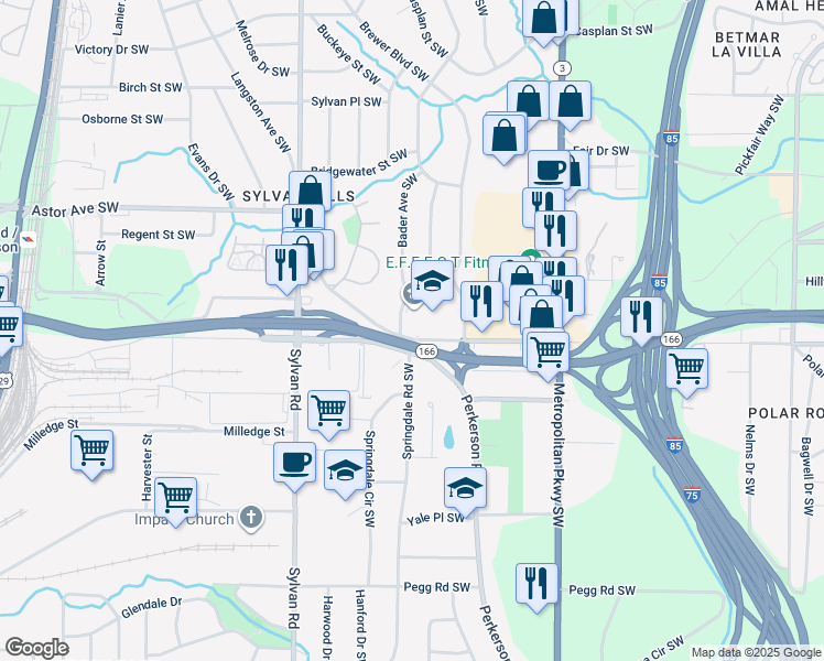 map of restaurants, bars, coffee shops, grocery stores, and more near 2925 Lakewood Avenue Southwest in Atlanta