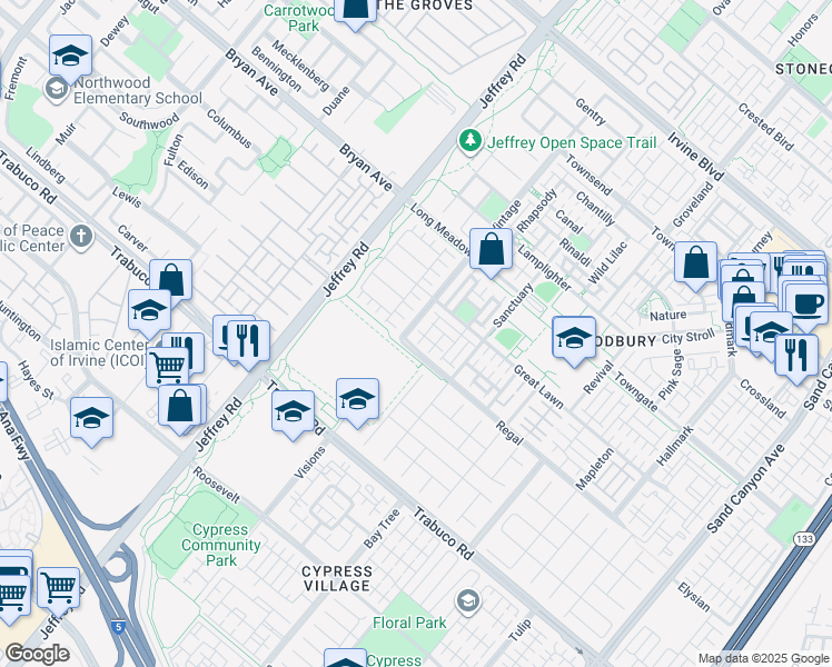 map of restaurants, bars, coffee shops, grocery stores, and more near 38 Vintage in Irvine