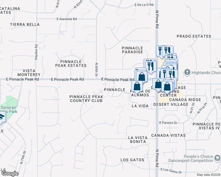 map of restaurants, bars, coffee shops, grocery stores, and more near 23284 North 85th Street in Scottsdale