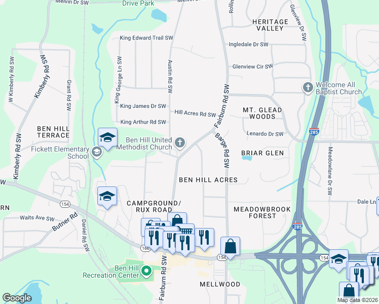 map of restaurants, bars, coffee shops, grocery stores, and more near 2096 Fairburn Road Southwest in Atlanta