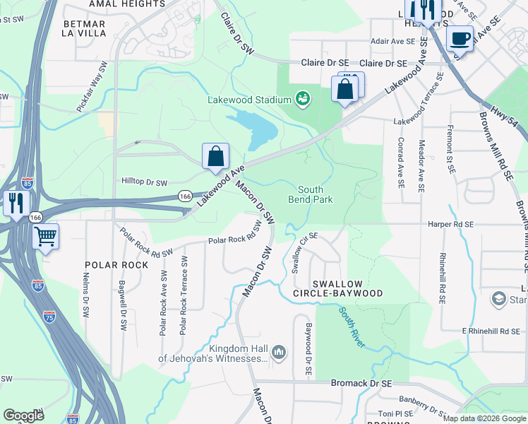 map of restaurants, bars, coffee shops, grocery stores, and more near 0 Polar Rock Road Southwest in Atlanta