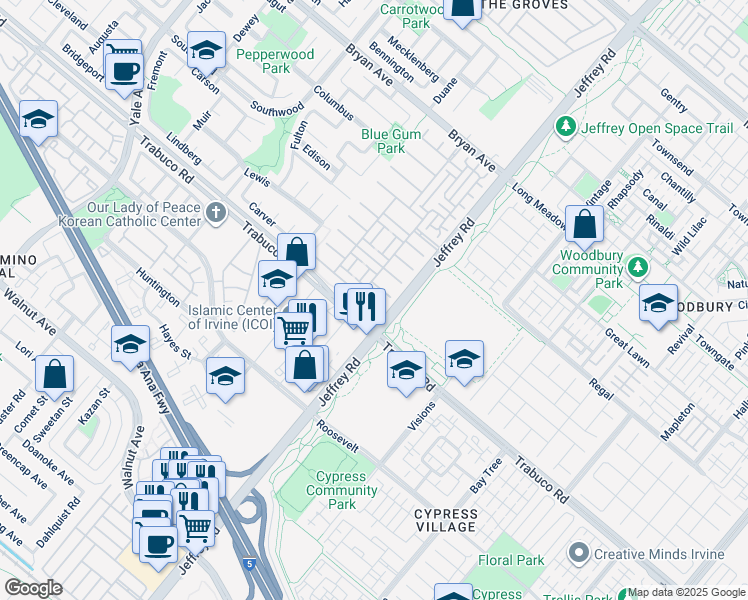 map of restaurants, bars, coffee shops, grocery stores, and more near 63 Secret Garden in Irvine