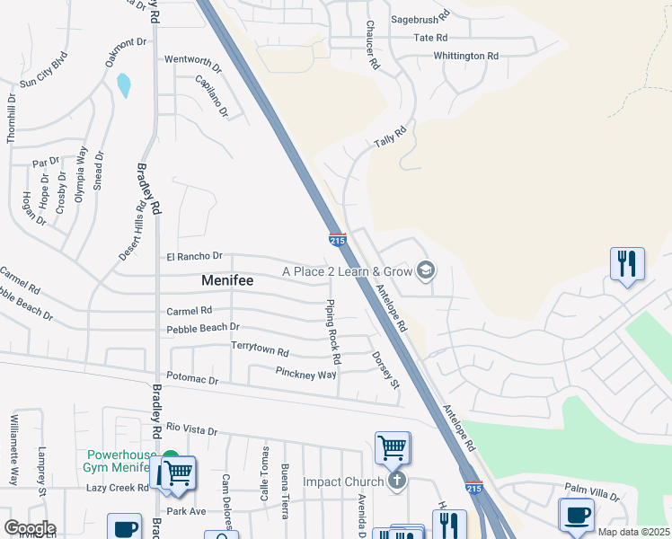 map of restaurants, bars, coffee shops, grocery stores, and more near 29208 Piping Rock Road in Menifee