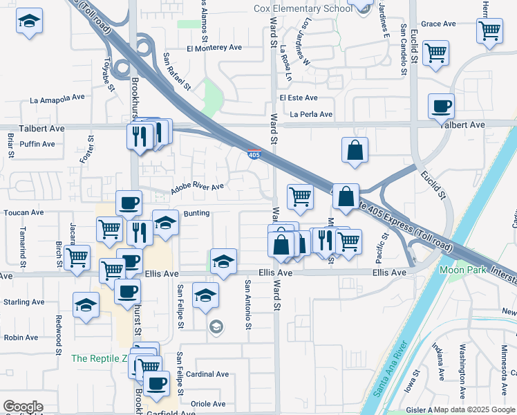 map of restaurants, bars, coffee shops, grocery stores, and more near 10469 Apache River Avenue in Fountain Valley