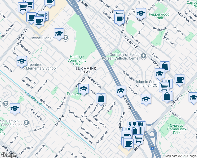 map of restaurants, bars, coffee shops, grocery stores, and more near in Irvine