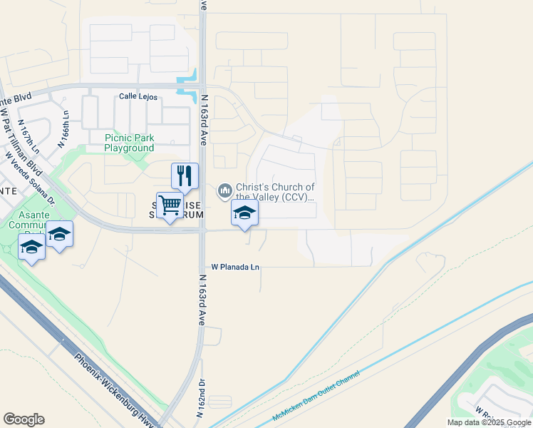 map of restaurants, bars, coffee shops, grocery stores, and more near 16076 West Electra Lane in Surprise