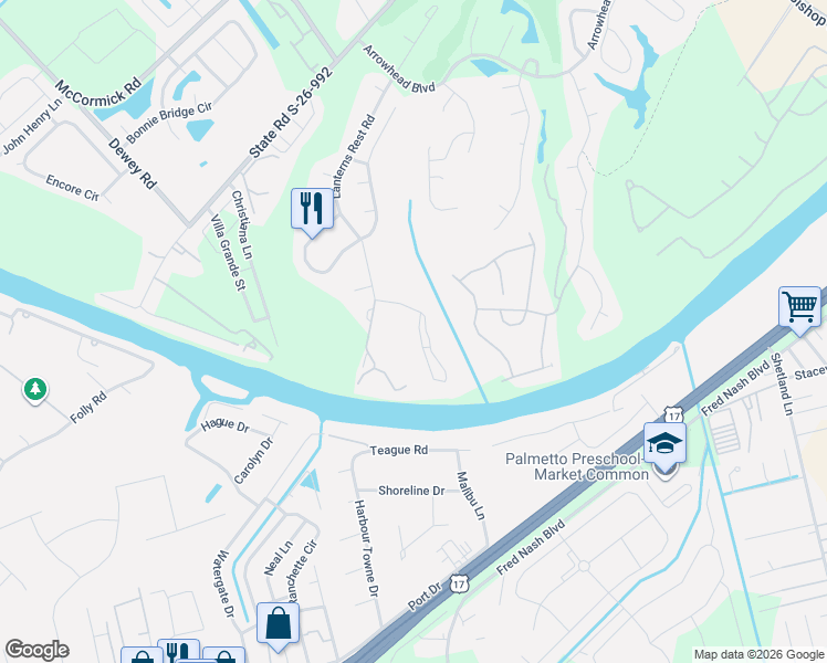 map of restaurants, bars, coffee shops, grocery stores, and more near 603 Riverwalk Drive in Myrtle Beach