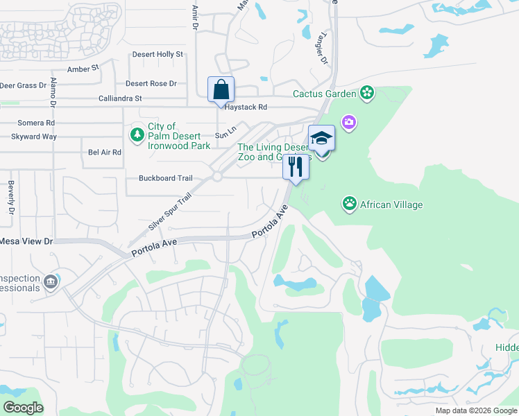 map of restaurants, bars, coffee shops, grocery stores, and more near 48301 Birdie Way in Palm Desert