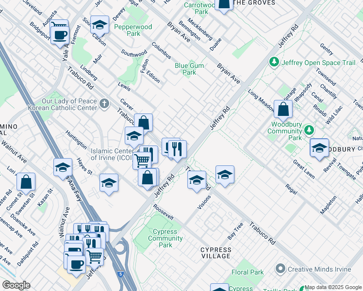 map of restaurants, bars, coffee shops, grocery stores, and more near 63 Secret Garden in Irvine