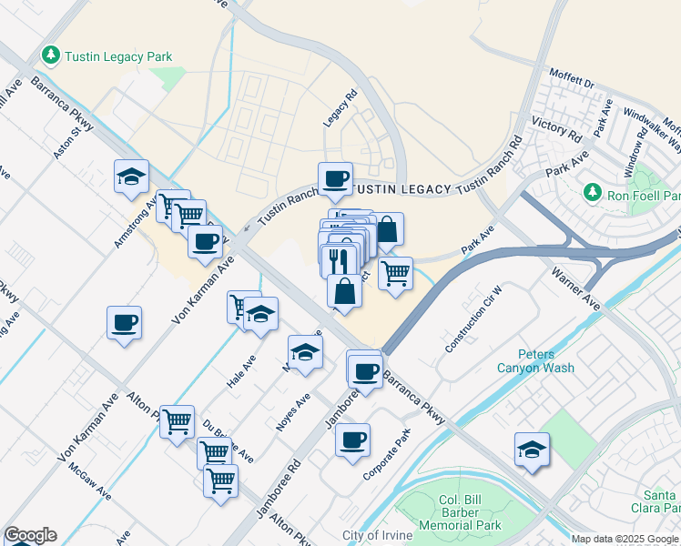 map of restaurants, bars, coffee shops, grocery stores, and more near 2481 Park Avenue in Tustin