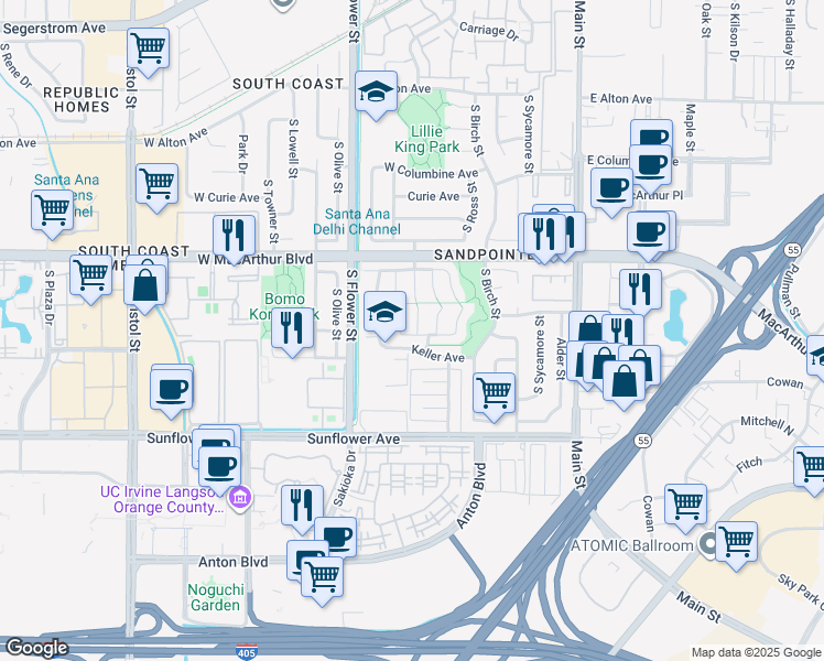 map of restaurants, bars, coffee shops, grocery stores, and more near 3726 South Parton Street in Santa Ana